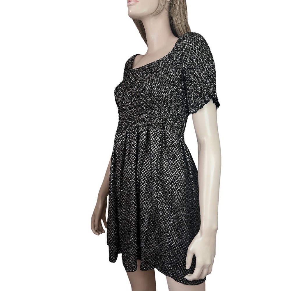 Topshop Metallic Babydoll Cocktail Dress Black Gold Puff Sleeve On Off Shoulder